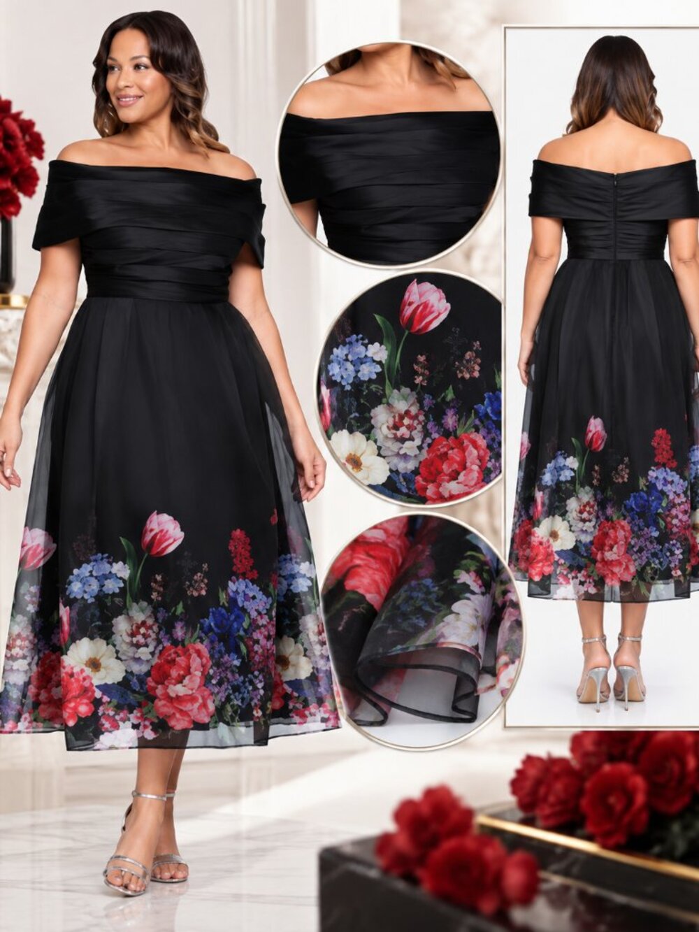 Betsy & Adam Tabitha Black Red Floral Organza Midi Dress 14W NWT